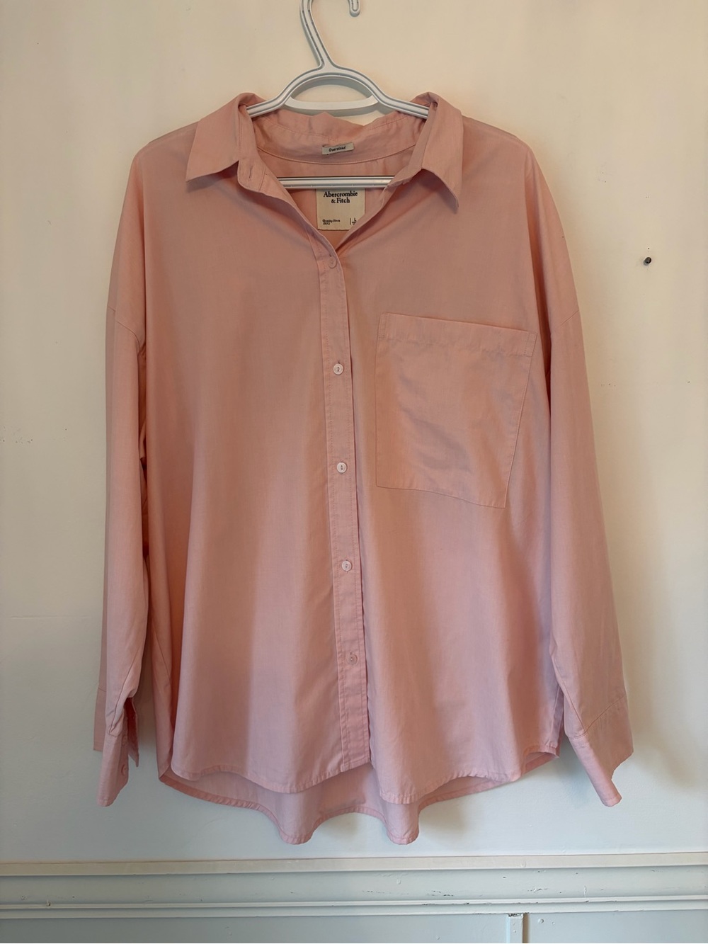Abercrombie & Fitch Women's Light Pink Oversized Button Down Shirt - Size L